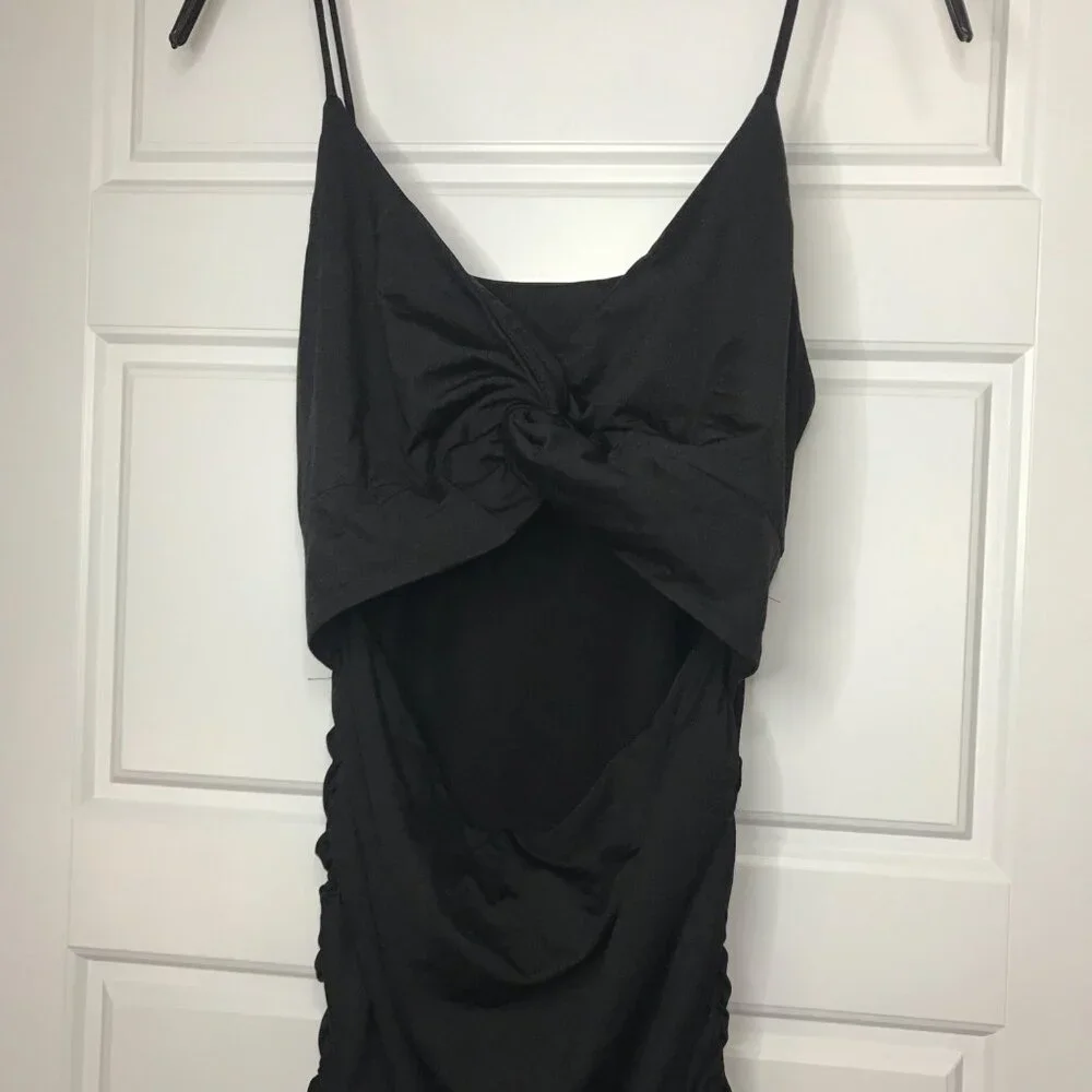 Unbranded Womens Cut Out Twist Knot Ruched Bodycon Mini Dress Size M Black Rayon
